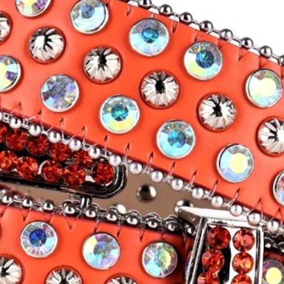 Rhinestone Belt–SUN030–Orange Belt, Multi-Colored Rhinestones & Silver Studs - Picture 5 of 6